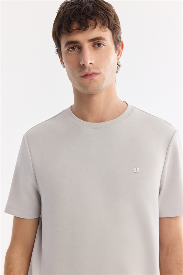 Açık Gri Bisiklet Yaka Baskılı İnterlok T-Shirt