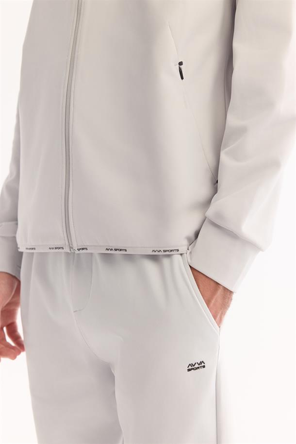 Açık Gri Dik Yaka Fermuarlı İçi Şardonlu Bi-Stretch Sweatshirt