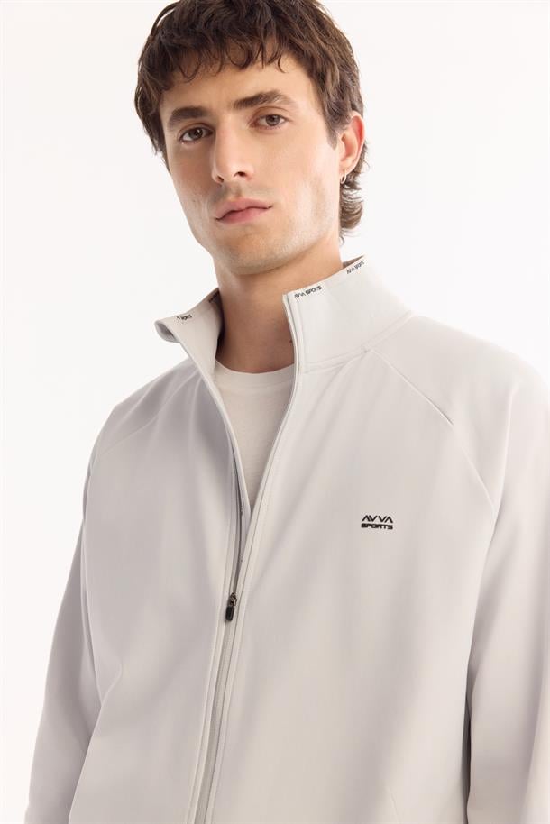 Açık Gri Dik Yaka Fermuarlı İçi Şardonlu Bi-Stretch Sweatshirt