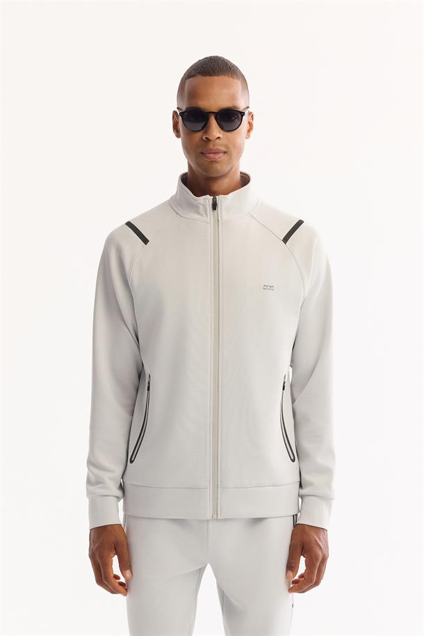 Açık Gri Dik Yaka Fermuarlı Bi-Stretch Sweatshirt
