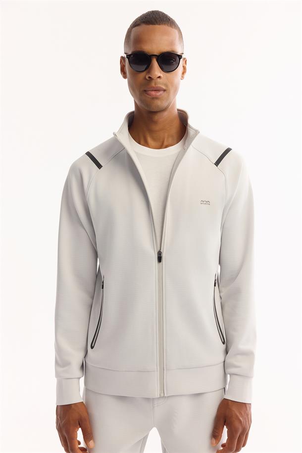 Açık Gri Dik Yaka Fermuarlı Bi-Stretch Sweatshirt