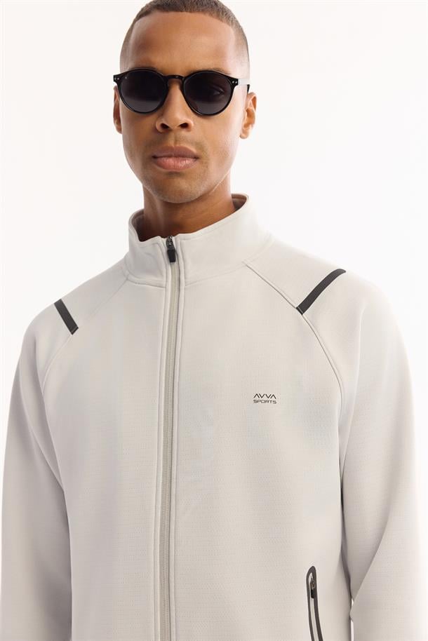 Açık Gri Dik Yaka Fermuarlı Bi-Stretch Sweatshirt