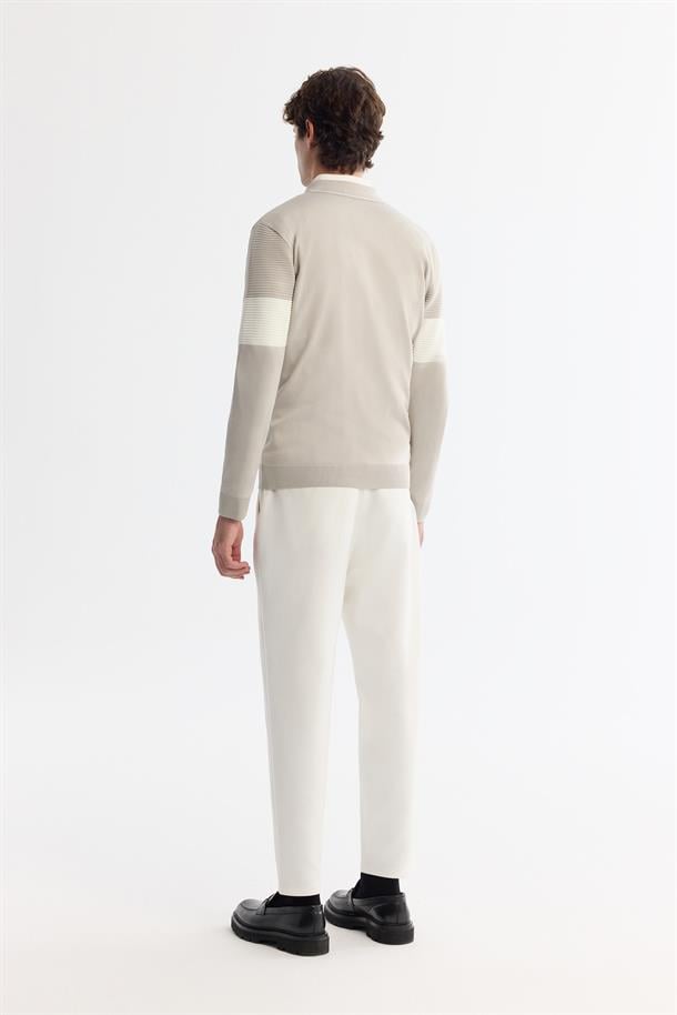 Açık Gri Fermuarlı Polo Yaka Blok Renkli Triko Kazak