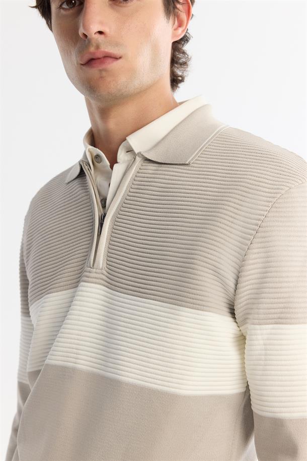 Açık Gri Fermuarlı Polo Yaka Blok Renkli Triko Kazak