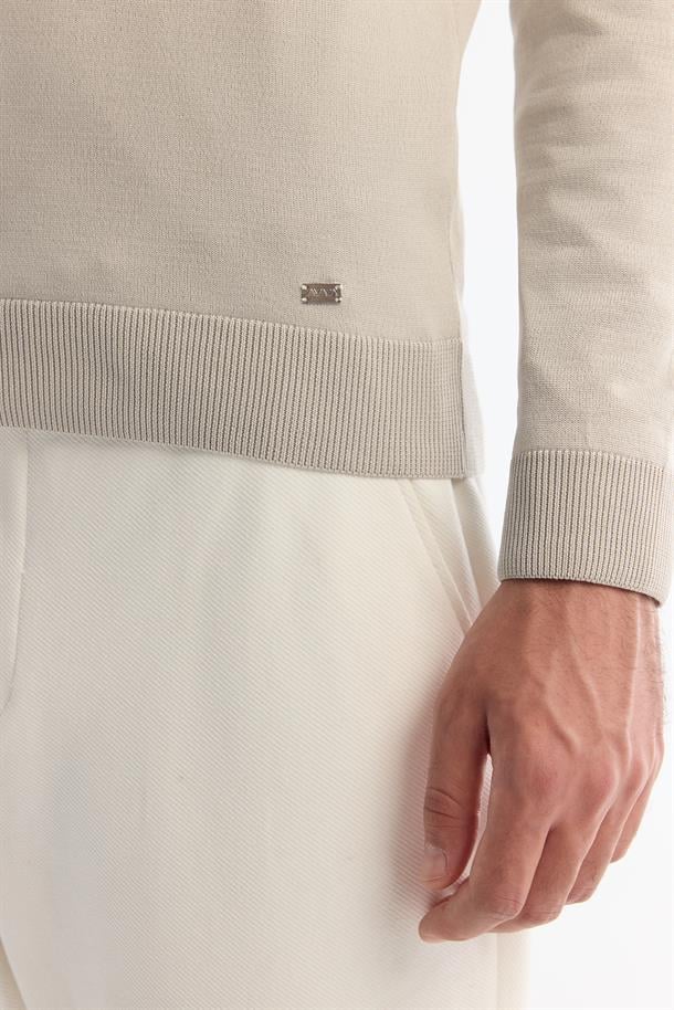 Açık Gri Fermuarlı Polo Yaka Blok Renkli Triko Kazak