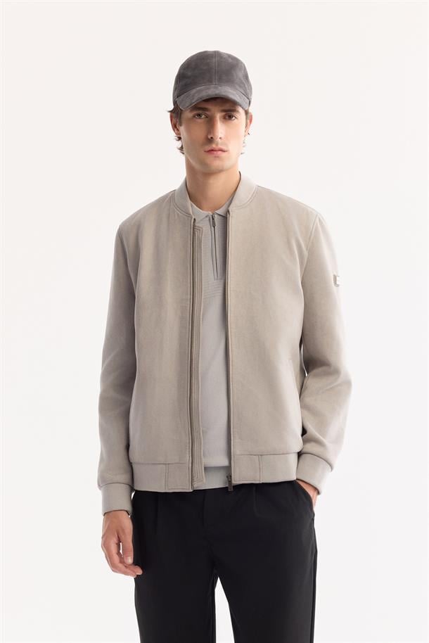 Açık Gri Fermuarlı Süet Görünümlü Bomber İnce Mont