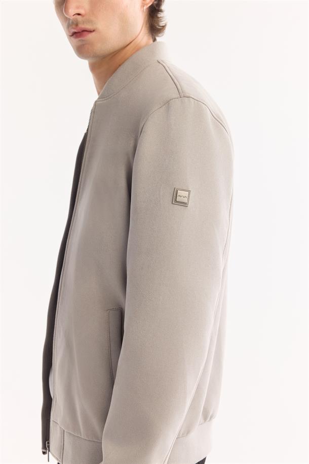 Açık Gri Fermuarlı Süet Görünümlü Bomber İnce Mont