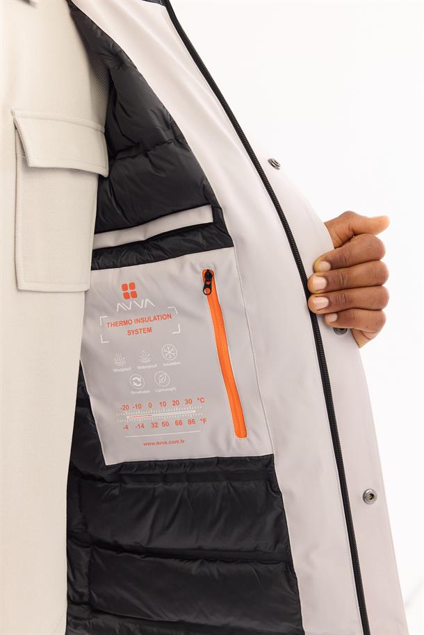 Açık Gri Kapüşonlu Su İtici Rüzgar Geçirmez -7 Dereceye Dayanıklı Mont