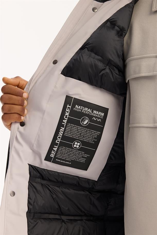 Açık Gri Kapüşonlu Su İtici Rüzgar Geçirmez -7 Dereceye Dayanıklı Mont