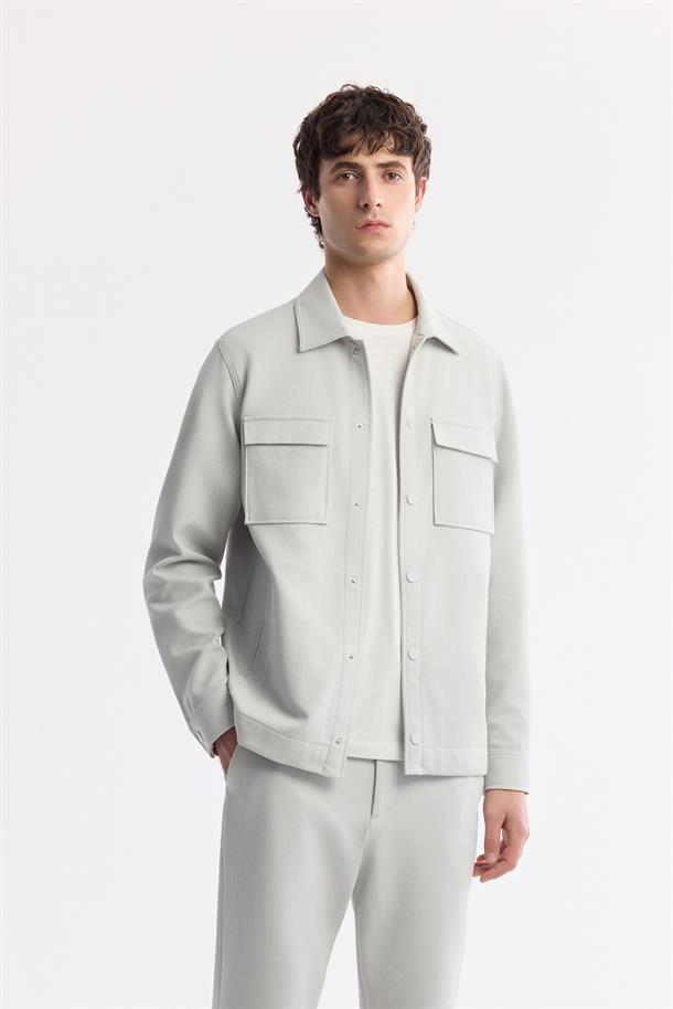 Açık Gri Klasik Yaka Pamuklu Jersey Gömlek Ceket