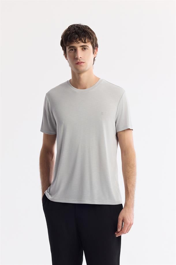 Açık Gri Bisiklet Yaka Bi-Stretch Soft Touch Basic T-Shirt