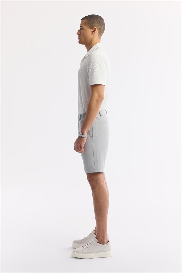 Açık Gri Yanı Lastikli Gofreli Bi-Stretch Chino Şort