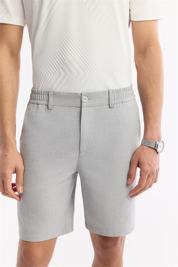 Açık Gri Yanı Lastikli Gofreli Bi-Stretch Chino Şort