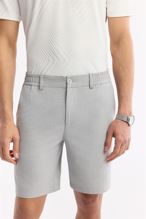 Açık Gri Yanı Lastikli Gofreli Bi-Stretch Chino Şort