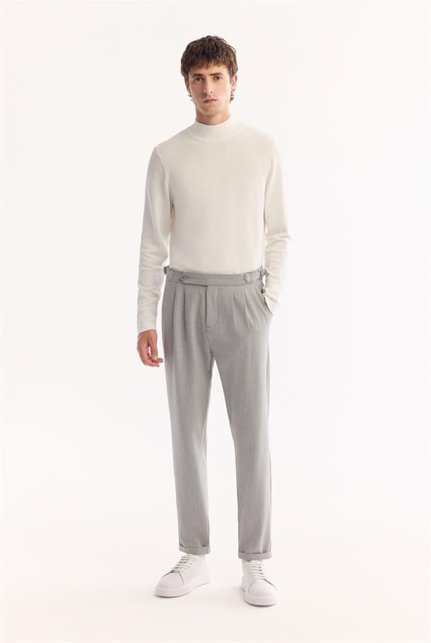 Açık Gri Yanı Tokalı Viskon Karışımlı Kolay Ütülenen Pantolon