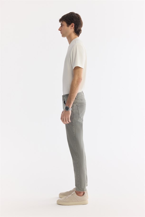 Açık Haki Klasik Bel Eskitme Yıkamalı Pamuklu Jean Pantolon