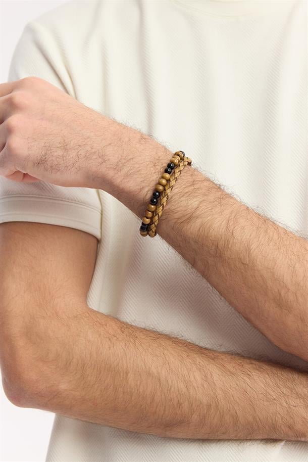 Açık Kahve %100 Deri Oniks Taşlı Bileklik