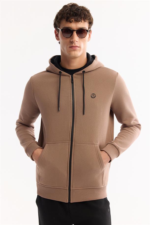 Açık Kahverengi Kapüşonlu 3 İplik Şardonlu Fermuarlı Sweatshirt
