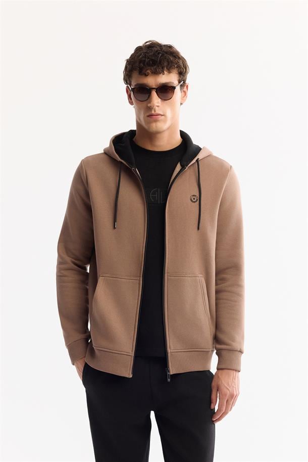 Açık Kahverengi Kapüşonlu 3 İplik Şardonlu Fermuarlı Sweatshirt