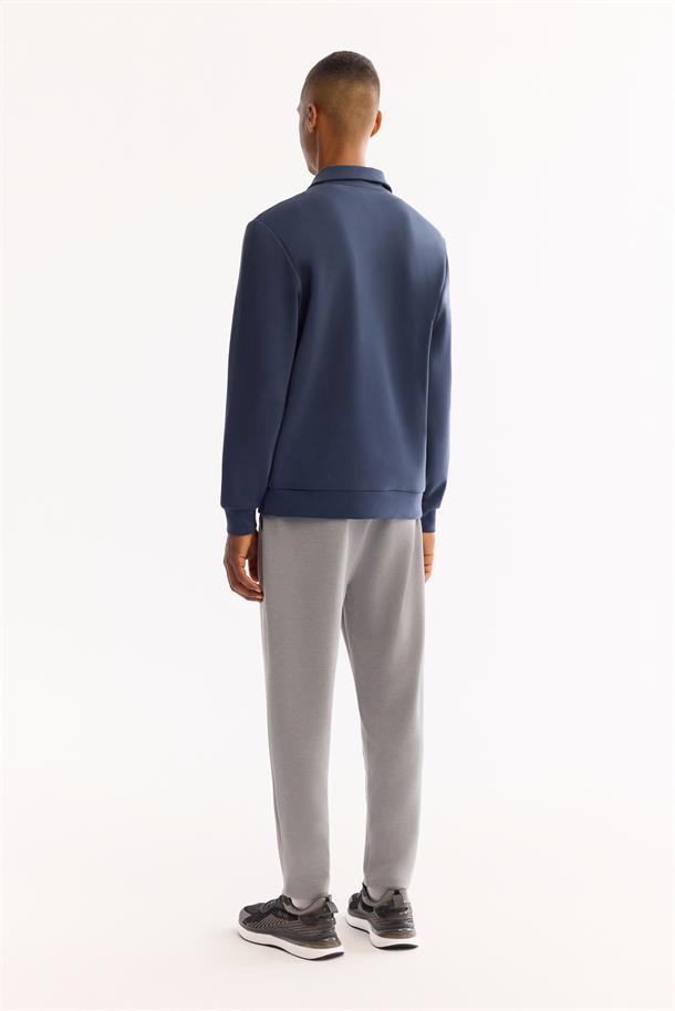 Açık Lacivert Dik Yaka İçi Şardonlu Fermuarlı Soft Touch Baskılı Sweatshirt