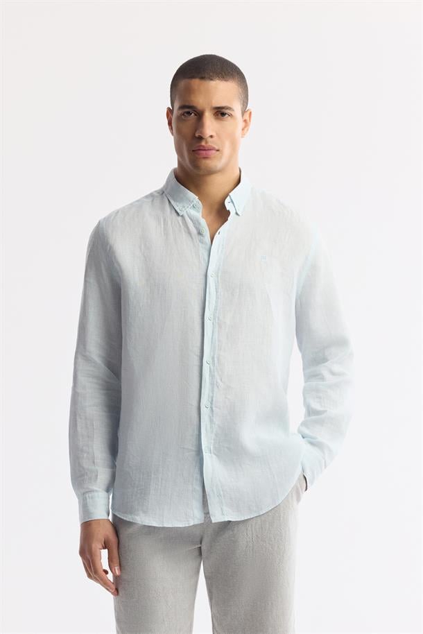 Açık Mavi Düğmeli Yaka %100 Keten Gömlek