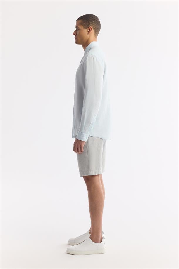 Açık Mavi Düğmeli Yaka %100 Keten Gömlek