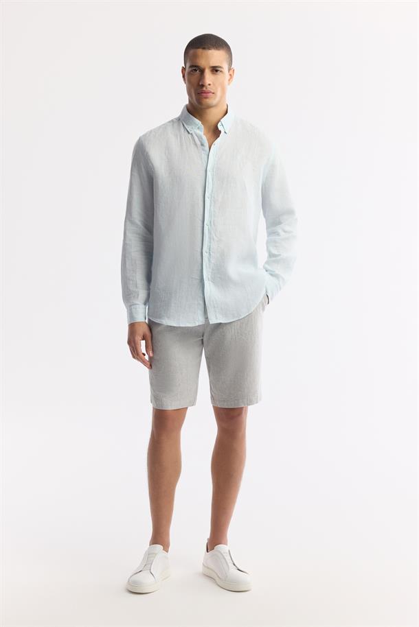 Açık Mavi Düğmeli Yaka %100 Keten Gömlek