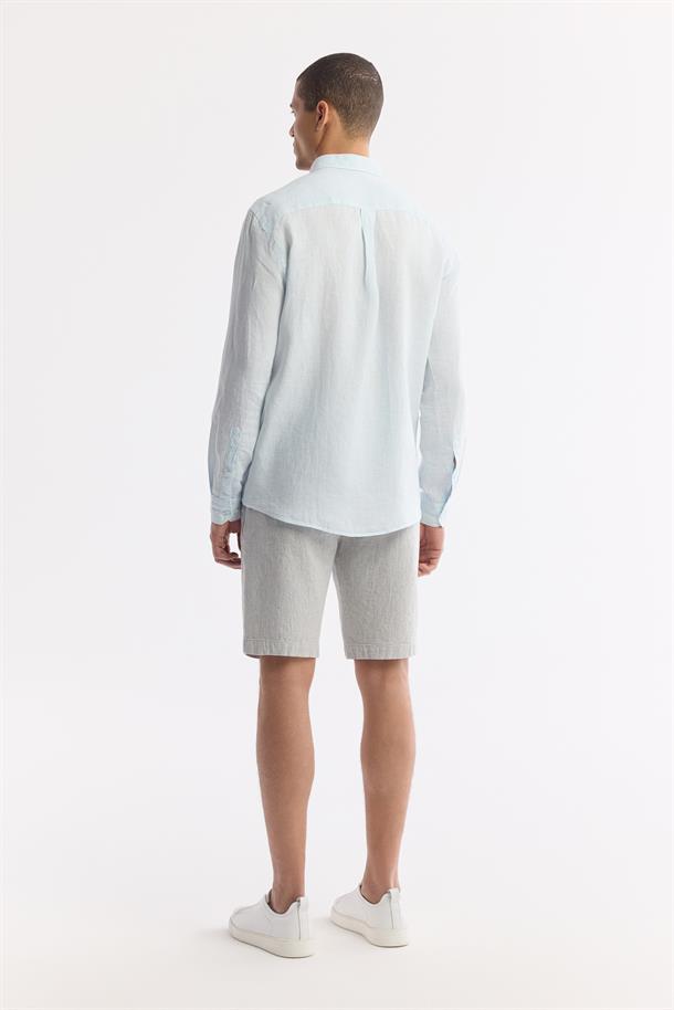 Açık Mavi Düğmeli Yaka %100 Keten Gömlek