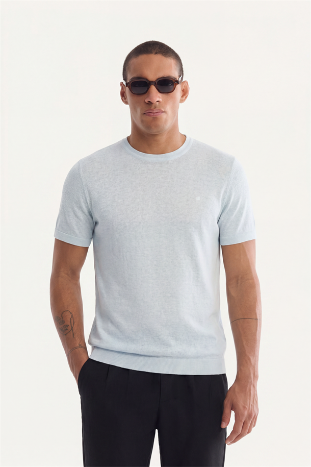 Açık Mavi Bisiklet Yaka Triko T-Shirt 