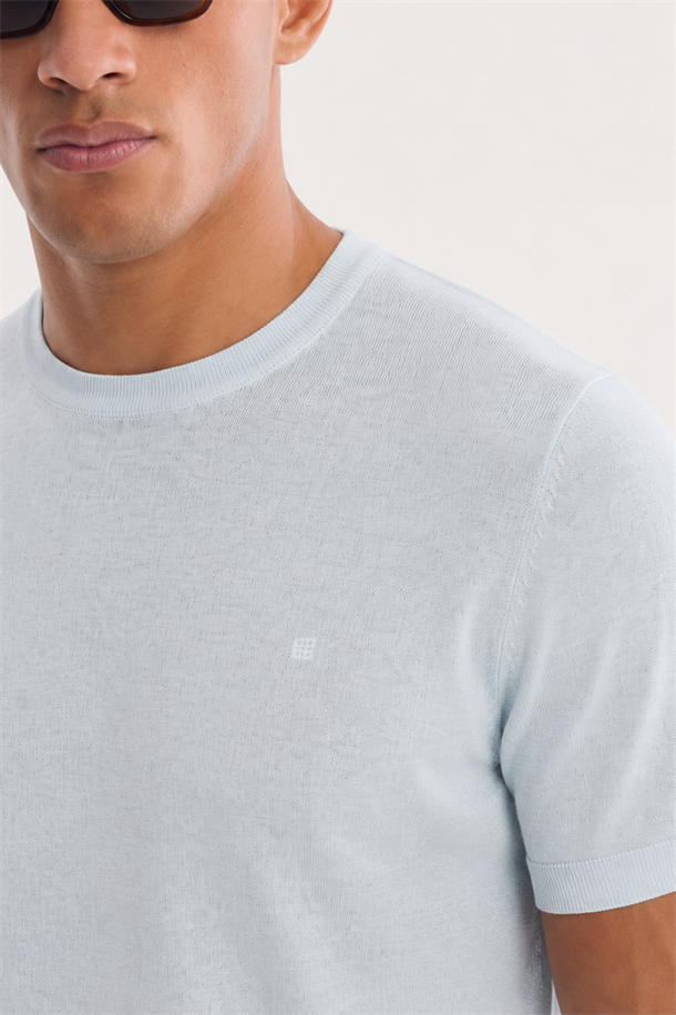 Açık Mavi Bisiklet Yaka Triko T-Shirt 