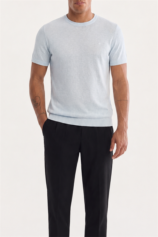 Açık Mavi Bisiklet Yaka Triko T-Shirt 