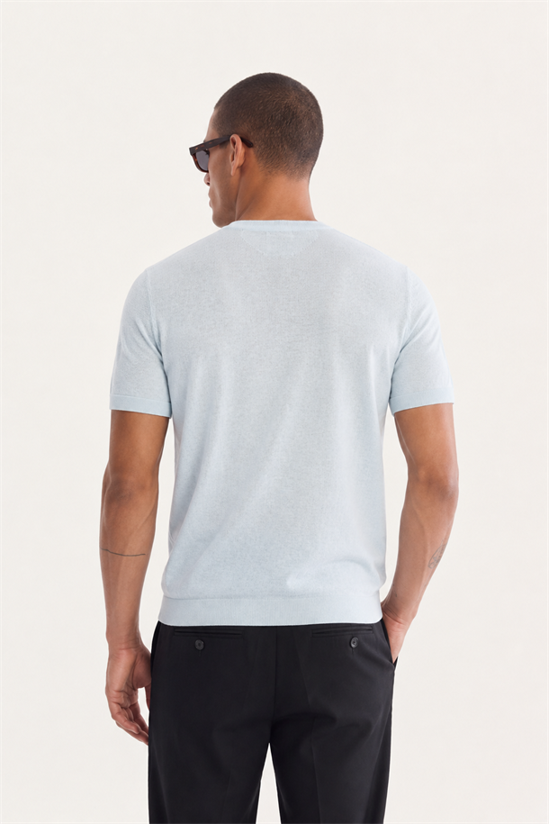 Açık Mavi Bisiklet Yaka Triko T-Shirt 