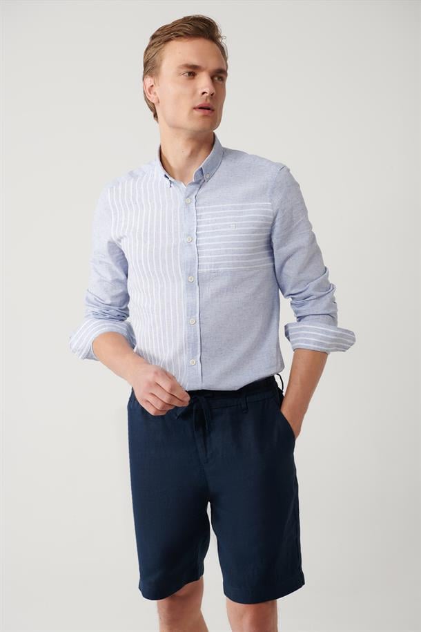 Açık Mavi Çizgili Garnili Keten Karışımlı Gömlek