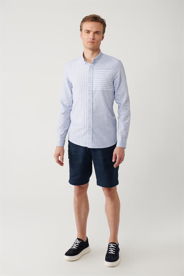 Açık Mavi Çizgili Garnili Keten Karışımlı Gömlek