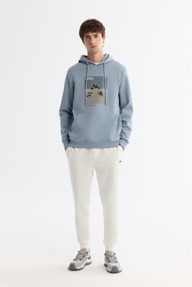 Açık Mavi Kapüşonlu Pamuklu Baskılı Elastan Sweatshirt
