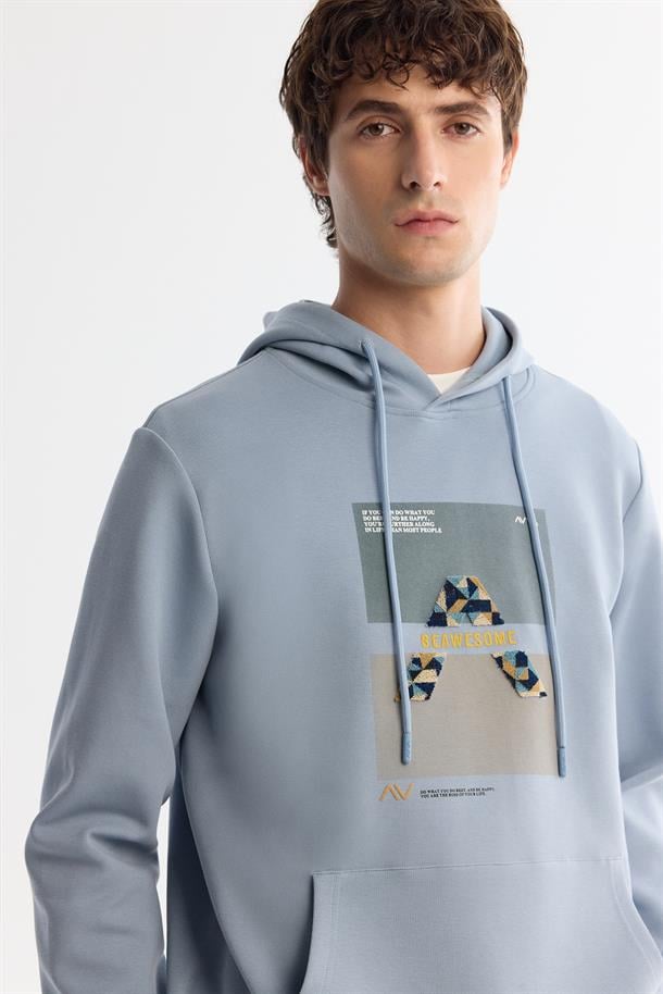 Açık Mavi Kapüşonlu Pamuklu Baskılı Elastan Sweatshirt