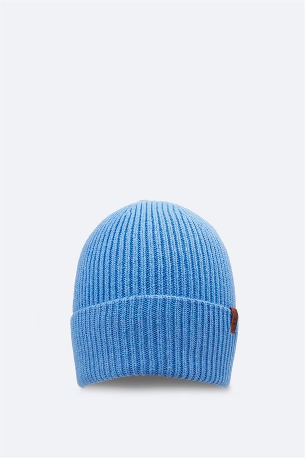 Light Blue Wool Blend Logo Ribbed Beanie