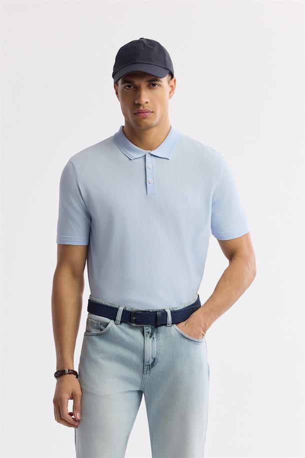 Açık Mavi Polo Yaka Basic Rayon Triko T-Shirt