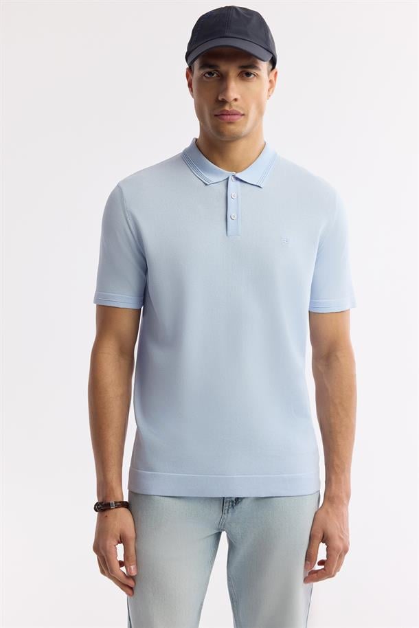 Açık Mavi Polo Yaka Basic Rayon Triko T-Shirt