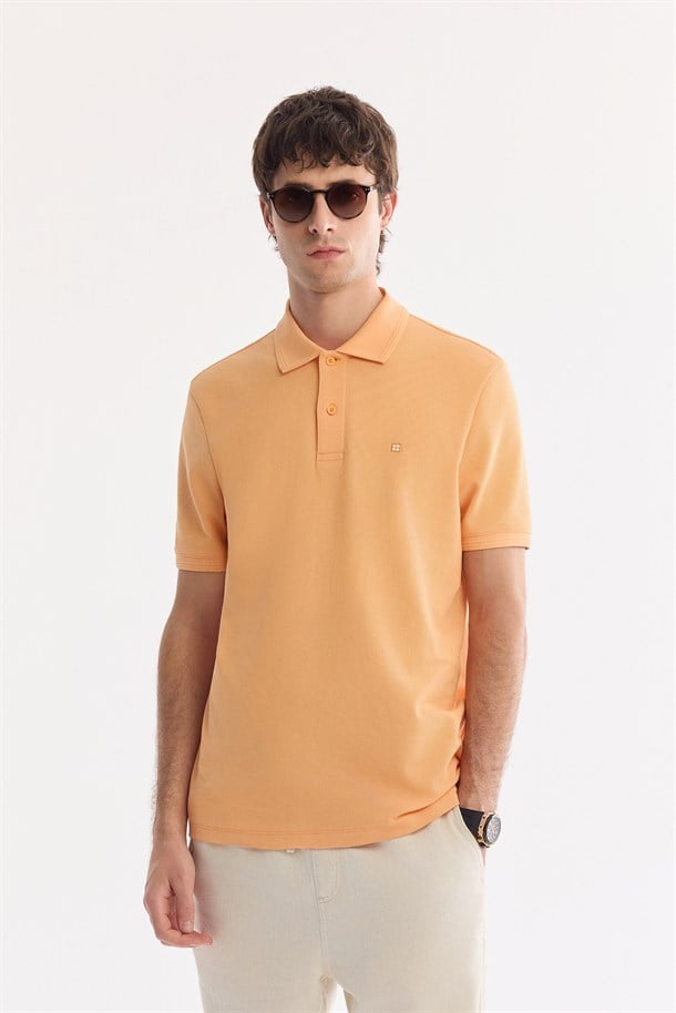 Açık Turuncu Polo Yaka Kırılmaz Yaka, Serin Tutan, Hızlı Kuruyan Pamuklu Amerkan  Pike  T-Shirt