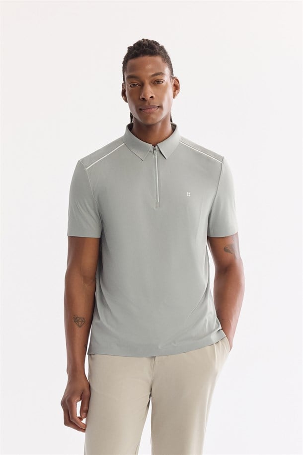 Açık Yeşil Fermuarlı Polo Yaka Kırışmaz Hızlı Kuruyan Teknik Kumaş T-Shirt