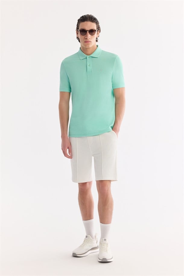 Açık Yeşil Kıvrılmaz Polo Yaka %100 Pamuk Basic T-Shirt