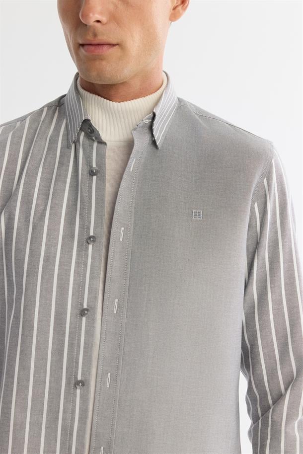 Antrasit Düğmeli Yaka %100 Pamuk Çizgili Gömlek