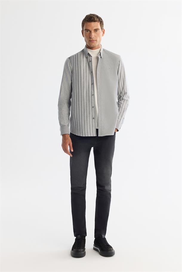 Antrasit Düğmeli Yaka %100 Pamuk Çizgili Gömlek