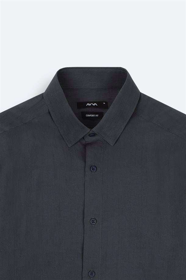 Antrasit Düğmeli Yaka Soft Touch Çizgili Gömlek