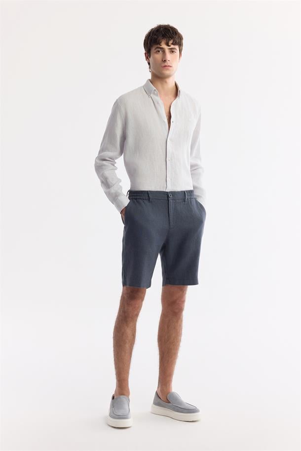 Antrasit Beli Lastikli %100 Keten Şort