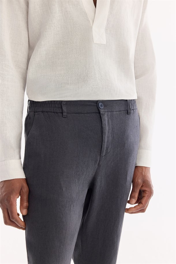 Antrasit Beli Lastikli %100 Keten Pantolon