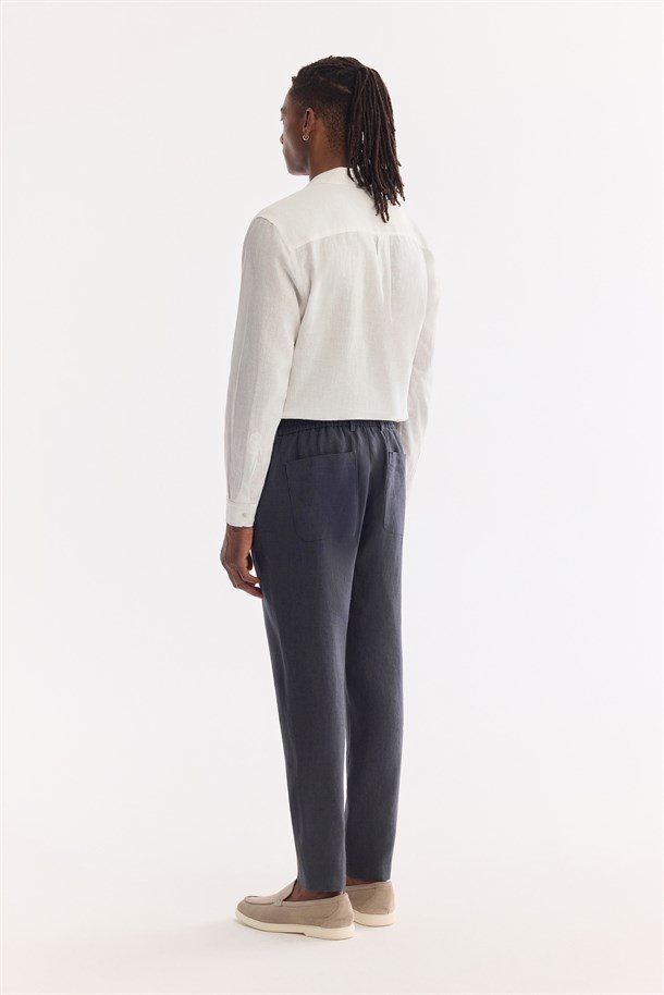 Antrasit Beli Lastikli %100 Keten Pantolon