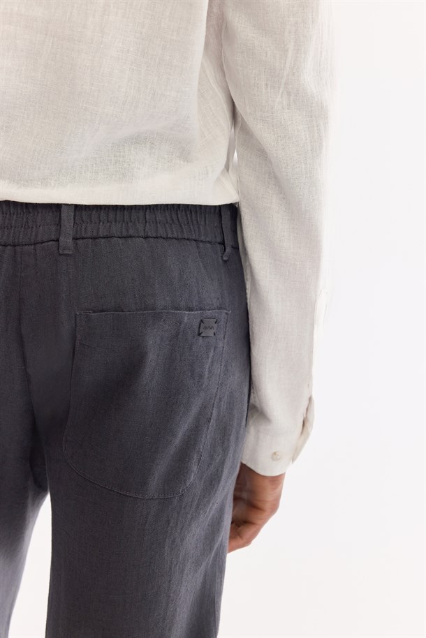 Antrasit Beli Lastikli %100 Keten Pantolon