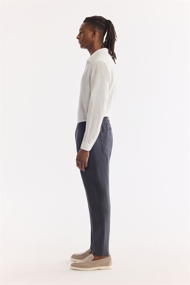 Antrasit Beli Lastikli %100 Keten Pantolon